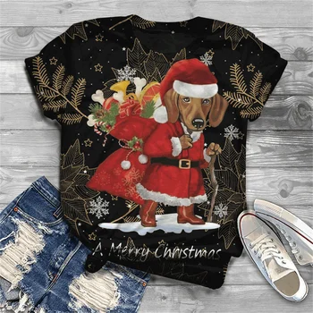 2023 Дамски Празнична Атмосфера, Модерен Тениска с 3D Коледна Елха и Фигура на Дядо Коледа, Популярен Случайни Топ С Къс Ръкав