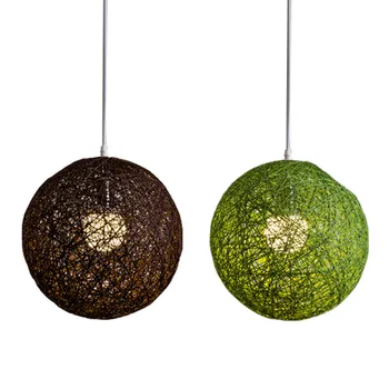 2x Сферични полилей от зелен/кафе бамбук, ратан и коноп с индивидуално творчество, сферична лампа във формата на гнезда от ратан