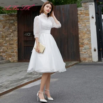 AnXin SH Луксозна вечерна рокля на принцеса от бяла дантела в ретро стил с високо деколте 