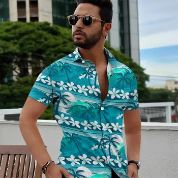 CLOOCL Мъжки ежедневни хавайска риза с 3D принтом и шарките на океанска вълна с къс ръкав, мъжки плажни дрехи, блузи, потници