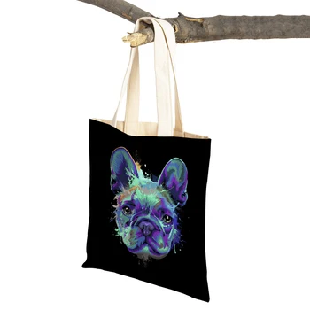 Акварел цветна Еко-чанта за домашни любимци, мультяшная Черно Куче, Дамски холщовая чанта-тоут, Сладък дамски Чанти през рамо за пазаруване