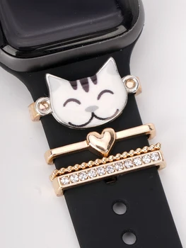 Бял комплект с коте, каишка за часовник, Декоративно пръстен за Apple Watch, каишка силикон, Декоративни бижута и аксесоари