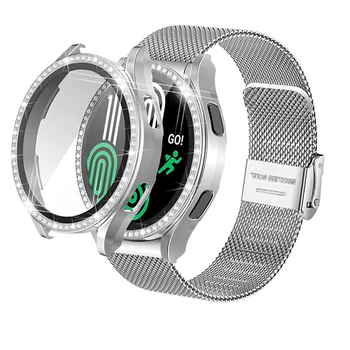 Каишка за Galaxy Watch 4 44 мм 40 мм, Без Пропуски Мрежест от Неръждаема Стомана Гривна + Лъскав Калъф Armor за Samsung Galaxy Watch 4 Комплекта Презрамки