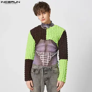 Модерен мъжки тениски в стил мозайка с кръгло деколте и дълъг ръкав 2023, ежедневни съкратен върхове, Свободна градинска дрехи, Секси мъжки дрехи S-5XL INCERUN