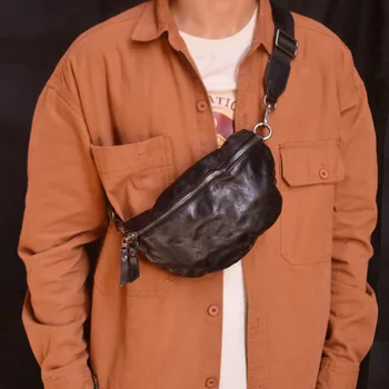 Мъжка кожена плиссированная поясная чанта през рамо AETOO, преносима реколта чанта от телешка кожа ръчно изработени, на най-горния слой както за мъже, така и за жени