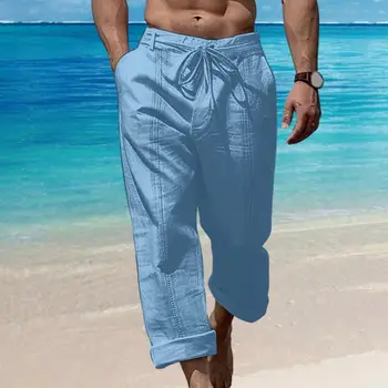 Мъжки летни панталони, мъжки ежедневни панталони, меки дишащи мъжки панталони с завязками на кръста и джобове, удобни ежедневни домашно облекло