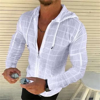 Навидад Мъжки Бяла Клетчатая тениска с качулка на цип 2023 Г., Нова Мъжка Тениска с дълъг ръкав в стил Хип-хоп, Мъжка Жилетка, Уд...