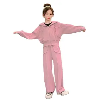Пролетно-есенен модерен комплект от две части за момичета, юношеството двубортный сако и широки панталони, костюми за деца от 5 до 14 години, на детски дрехи в корейски стил