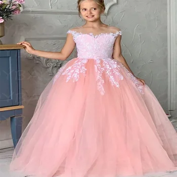Розови сватбени рокли за момичета в цветенце, бална рокля с аппликацией от тюл, с открити рамене, елегантни рокли за деца, рокля за първо причастие