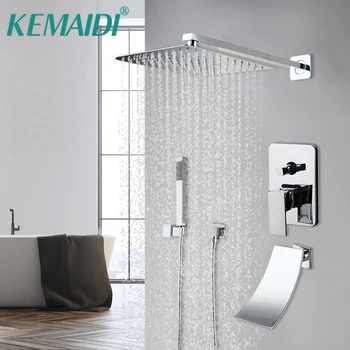 Смесител за душ с дъждовна дюза KEMAIDI, led квадратна капачка за душ с дъждовна приставка, конзола за монтиране, 2-3-функционален душ система с водопадным смесител за вани