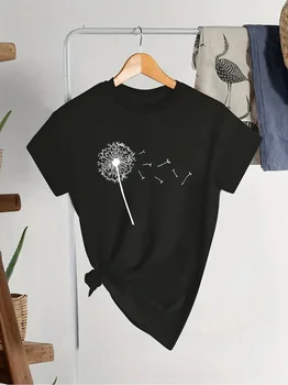 Тениска с кръгло деколте и принтом под формата на Глухарче, Всекидневни топ С къс ръкав За пролетта и лятото, Дамски дрехи