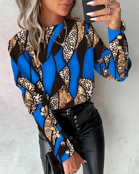 Пуловер с леопардовым принтом в стил бохо, тениска, блуза, дамски пролетно-есенни тениски с кръгло деколте и дълъг ръкав, дамски ежедневни блузи копчета 2024 година.