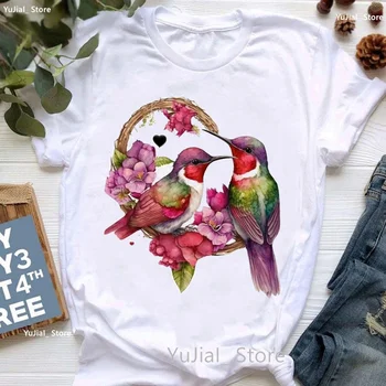 Тениска с флорални принтом Cockatiel / Parrot Flowers Love, дамски дрехи, забавна бяла тениска Femme Kawaii Bird, тениска за жени